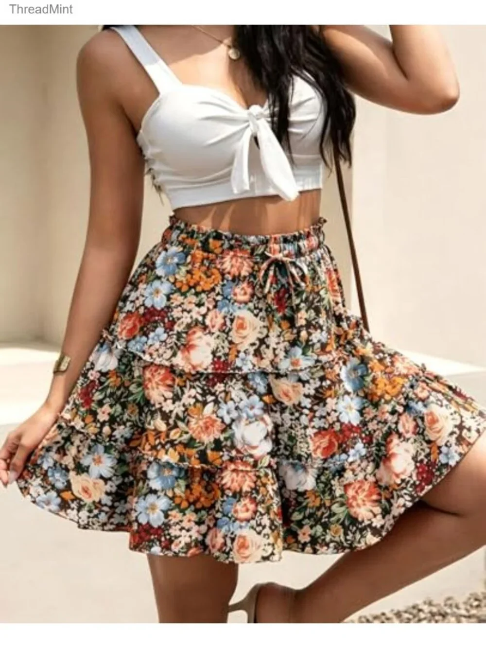 Women's Boho Floral Mini Skirt High Waist Drawstring A-Line